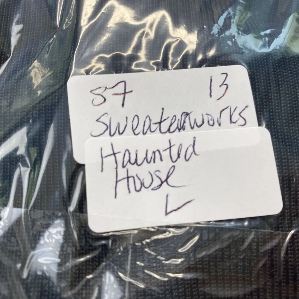 Halloween Sweater Womens Large Sweaterworks Sequin Haunted House Black Knit Top - Picture 10 of 10